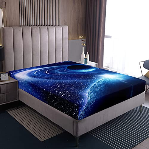 Blauer Galaxie Spannbettlaken 3D Universum Planet druck Spannbetttuch 160x200cm Raum Sternenhimmel Bettlaken Kinder Mikrofaser Spannbettlaken Boxspringbett Spannbetttuch für Kinder Jugendliche