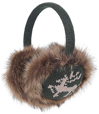 ZLYC Damen Mädchen Winter Druckdessiniert Kariert Ohrenschützer Ohrenwärmer aus Fauxfell (Elchgrün),Einheitsgröße