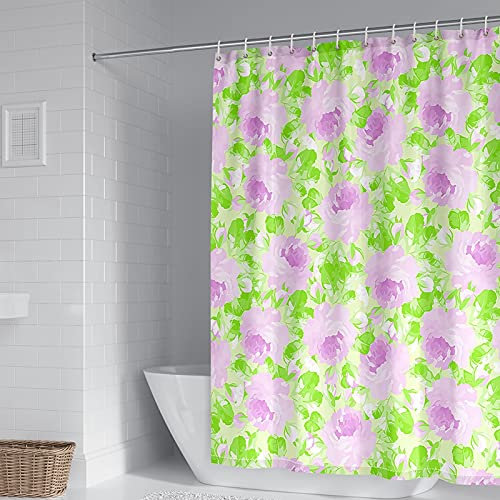 KnSam Rideau Douche Fleurs et Feuilles Rose Vert Anti Moisissure, Rideau de Douche 150x200cm Polyester avec Crochet