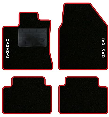 QUEMAR Auto-Fußmatten-Set für Nissan Qashqai J10 2006 – 2014, passgenaues Fußmatten-Set (2 vorne + 2 hinten), 2 personalisierte Stickereien, Farben (Rot)