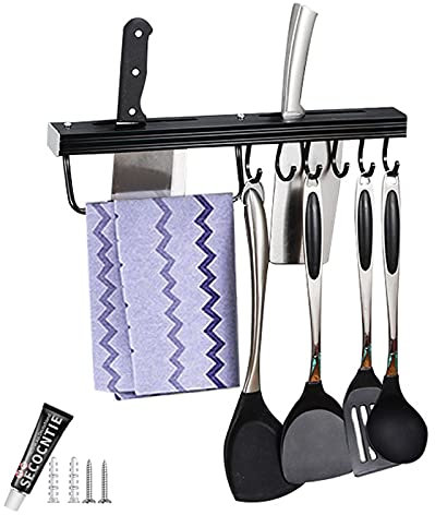 Selbstklebende Küchenhaken für Utensilien, 38,1 cm, Wandschiene mit Haken, Wandschienen-Organizer mit 6 Haken und 2 Messerhalter und 1 Geschirrtuchhalter, für Badezimmer, Töpfe, Pfannen, Handtücher