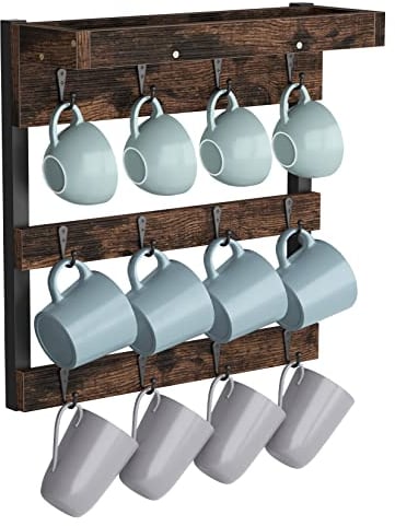 unho Coffee Mug Cup Holder, Wall Mounted Mug Rack Wood Mug Storage Organiser with 12 Hooks for Kitchen Coffee Bar Nook Decoration