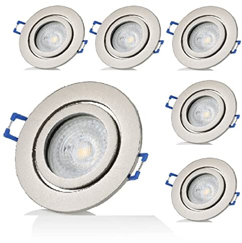 Sweet Led Einbaustrahler 6er Set IP44 – chrom gebürstet, GU10 7W 230V, 3000K warmweiß – Leuchtmittel austauschbar – für Bad, Küche & Feuchträume - spritzwassergeschützt