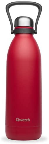 Qwetch - Grande Bouteille Isotherme - Framboise 1,5L - 48h Froid et 16h Chaud - Etanche & Sans BPA - Gourde Inox avec Poignée de Portage - Thermos isotherme pour Pique-nique, Camping, Famille