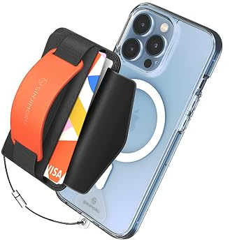 Sinjimoru Rutschfester Magnetischer Handy Kartenhalter mit Fingergriff, Kreditkartenetui kompatibel mit MagSafe Wallet Magnetic Card Holder Wallet für iPhone 16 15 14 13 12 Reihe. M-BGrip Clementine
