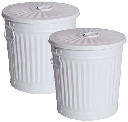 Jinfa 2 juegos de papeleras de diseño retro con tapa | blanco mate | Ø 21,5 cm, altura 21,5 cm 7 litros