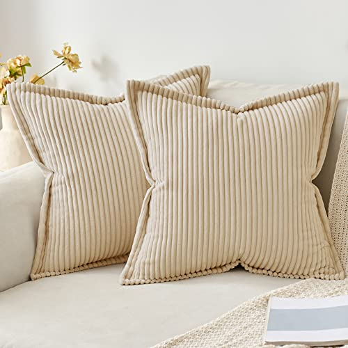 MIULEE Kordsamt Kissenbezug Weiche Kissenhülle Dekorative Sofakissen Quadratische Dekokissen Moderne Zierkissenbezug Gestreifte Kissenbezüge für Wohnzimmer Schlafzimmer 2 Stück 50x50 cm, Beige
