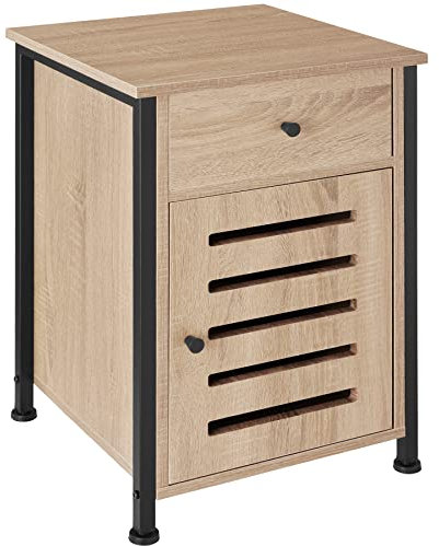 tectake Nachttisch mit Schublade, Holz Beistelltisch mit Schrank im Industrie-Design, 40 x 42 x 60,5 cm, für Schlafzimmer Wohnzimmer Büro, schwarzes Metallgestell (Industrial Holz hell, Eiche Sonoma)