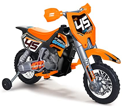 FEBER - Cross Bike 6V Electric Bike Motocross Toy Orange Look Sports Stickers Pedals Wheels for Boys Girls 2-7 Years Old Famosa (FEN02000)