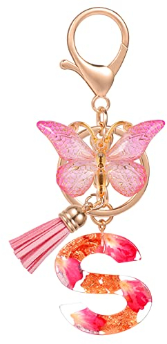 MWOOT Letter Keychain Initiale Buchstaben-Schlüsselanhänger,Alphabet Harz Blume Key Chain mit Schmetterling Quaste Anhänger Handtasche Geldbörse Charm,Rosa Blütenblatt Keyring für Frauen Mädchen(S)