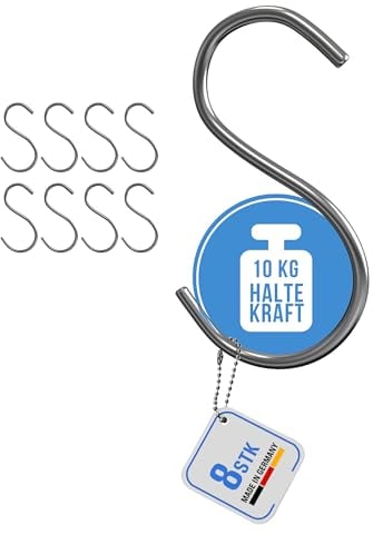 HOHAGE S Haken & Küchenhaken (8 Stk.) - starke & robuste S Haken Edelstahl Haken zum Einhängen - universell einsetzbar in Küche, Garten, Badezimmer oder für die Garderobe als Kleiderhaken