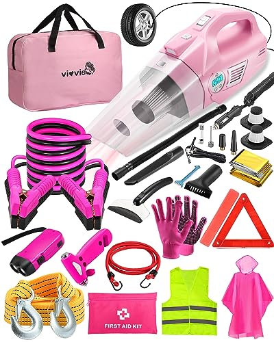 Vioview - Kit d'urgence pour véhicules avec aspirateur gonflable 4 en 1, câbles de pont rose, kit de premiers secours, corde de remorquage, voyage sur la route pour véhicules indispensables