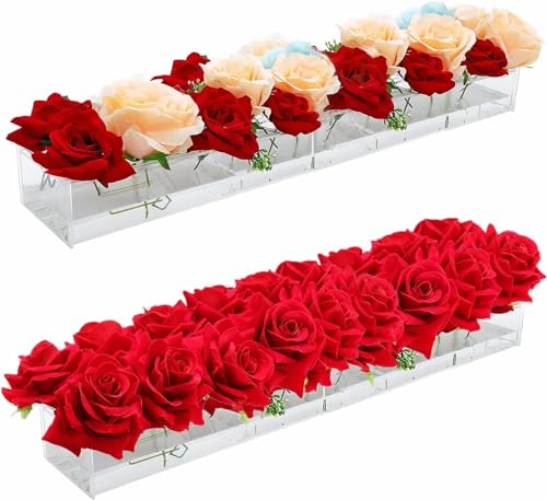DECORPIA - 2 piezas grandes (total 32 pulgadas), centro de mesa floral rectangular de lujo para mesa de comedor, jarrón largo de acrílico rectangular transparente, jarrón acrílico, jarrones florales