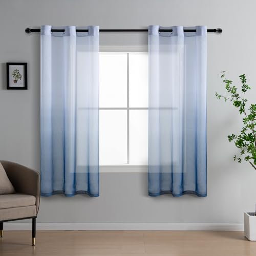 DWCN Voile Curtain Blue Gradient Curtains for Living Room Net Curtains for Windows Sheer Bedroom Crurtains Eyelet Set of 2, 46 x 54 Inches