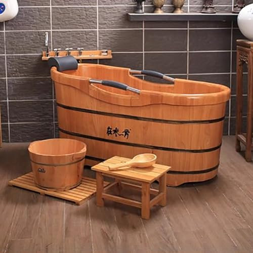 MegLob Freistehende Hölzerne Badewanne Beleuchtete, Japanische Stil Massive Holzbadewanne Einweichen Allein Badewanne Stand Set, Spa Hotel Soaker Mit Popup Drain & Stuhl,120cm/47.24