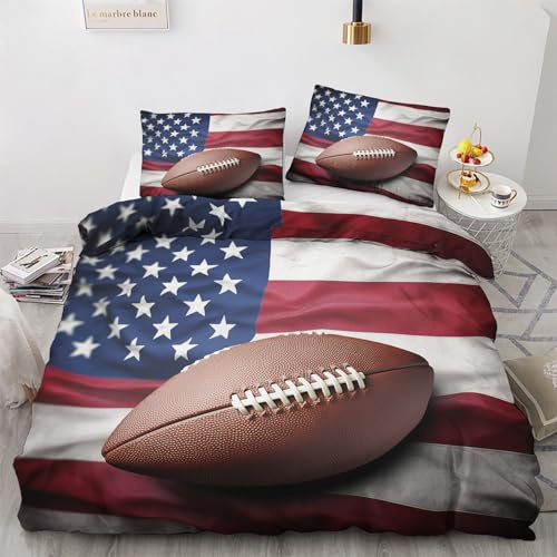 GEDAEUBA Bettwäsche 155x220 American Football - Amerikanische Flagge und Rugby Bettbezug 155x220 3 teilig, Wendebettwäsche und Kissenbezug 80x80, Weiche Mikrofaser Bettwäsche-Sets mit Reißverschluss
