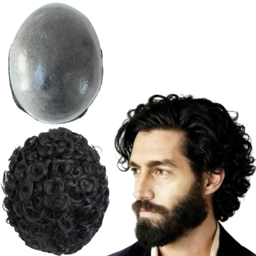 Toupet für Männer, Echthaar Perücken, Herren Toupet mit weichem PU-Haar, 10mm gewellte Herrenperücke Toupet Haar,10 x 8 (#1 Jet Black)