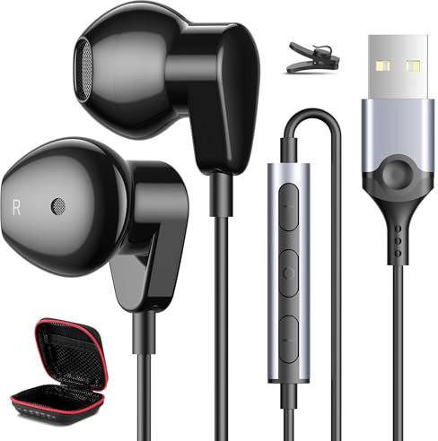 Auriculares USB para PC portátil, auriculares con cable para PS5 PS4, auriculares de computadora con micrófono control de volumen, silencio, cancelación de ruido, auriculares intrauditivos con cable