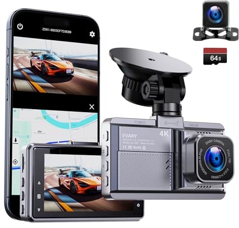 Dashcam Auto Vorne und Hinten 4K mit GPS 5Ghz WiFi Dash Cam mit 64GB SD Auto Kamera mit Parküberwachung/170° Weitwinkel/360° Drehbarer Saugnapf/Super Nachtsicht/Loop-Aufnahme