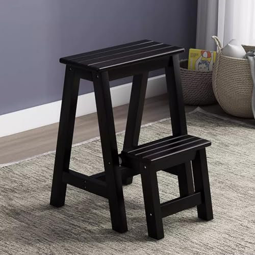 Escabeau à 2 marches en Bois Massif – Tabouret Pliable pour Bureau, Garage, bibliothèque, Placard, Salle de Bain et Porche – Escabeau Pliable supporte 330 kg – Industriel – Noir