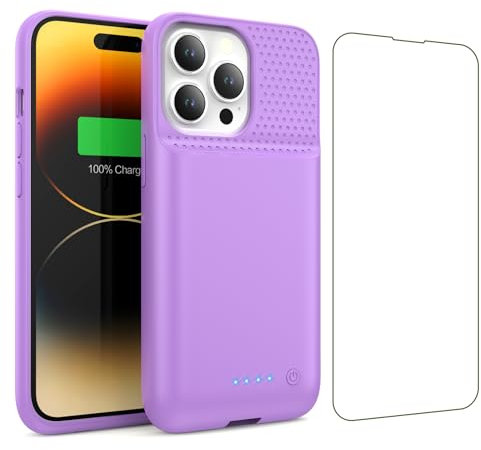 HETP Custodia a batteria per iPhone 14/13 Pro/13, [7500 mAh] ricaricabile, con pellicola protettiva, caricabatterie portatile, potente power bank per iPhone 14/13 Pro/13 viola