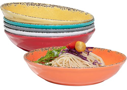 ZAROCRUS Vintage Pasta Bowl, Melamine Pasta Bowls Set of 6, 42 OZ Large Corlorful Serving Bowl for Kitchen, Dishwasher Safe Salad,Soup,Fruit, Dinner Bowls, Shallow Pasta Plates. Multi-color…