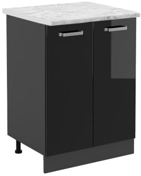 Vicco Küchenunterschrank R-Line, Küchenkommode, Schwarz Hochglanz, 60 cm AP Marmor