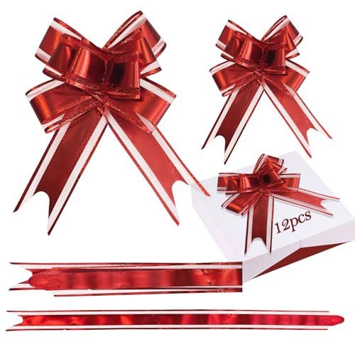PAPU 12 Stück Geschenk Schleife mit Geschenkband Glänzend Große & Mittlere Geschenkschleifen Geschenkband Ziehschleife für Geschenke Tüten Zuckertüten Dekorieren Verzieren Weihnachten(Rot)