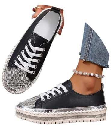 Minetom Baskets Mode Femme Tennis Paillettes Sneakers Basse en PU Cuir avec Strass Brillants Chaussures À Lacets De Nightclub A Noir 40 EU