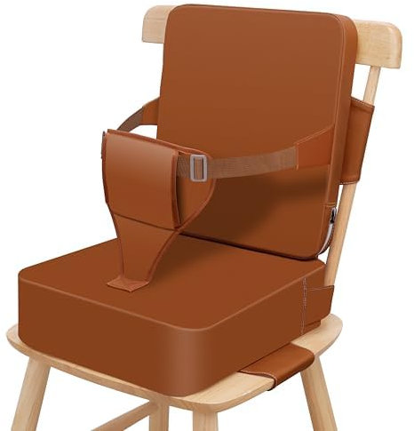 TOTIDYH Kindersitzerhöhung für Esszimmerstuhl, 10 cm, PU, rutschfest, Baby-Sitzerhöhung für Esstisch mit Rückenlehne und verstellbaren Riemen, tragbarer Reisehochstuhl, Sitzkissen, Kleinkind (Braun)