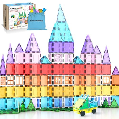 PicassoTiles Magnetic Tiles 61 Piece Magnet Tile Building Blocks Construction Sensory Toy Set with Carry Bag Storage Bin Container STEM Toddler Learning Educational Pretend Play Boy Girl Ages 3+ PT07