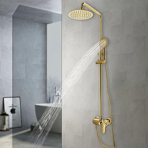 Gold Gebürstet Regen-Duschsystem Duschkopf Handbrause Regendusche Duschset Regen-Dusch-System Mit 3 Strahlarten Wand-DuschsäUlen-Brausegarnitur Rund Regen-Duschkopf Badezimmer Wandbefestigung
