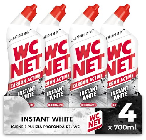 Wc Net – Carbon Active Instant White, Detergente Liquido per WC con Carboni Attivi, Prevenzione del Calcare e Igienizzante per WC, 700ml x 4 Confezioni | Formula sbiancante con carboni attivi, rimuove e previene la formazione del calcare