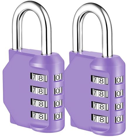 NAGE 4-Digit Combination Padlock with Resettable Code | Heavy Duty Outdoor Padlock for Gym, School Lockers, Toolbox, Gate, Shed & Garage | Weatherproof Number Lock (2P, Purple)