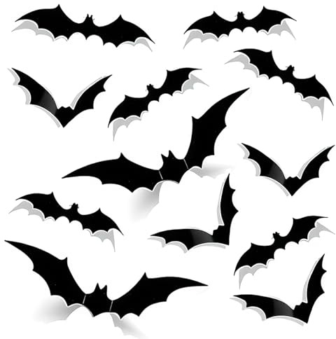 60 Stück Halloween 3D Fledermaus Deko, Wasserdichtes PVC Wandaufkleber, Gruseliges Fledermaus Wanddeko in 4 Verschiedenen Größen, für Halloween Party Deko Fensterdeko DIY Dekor Wandaufkleber