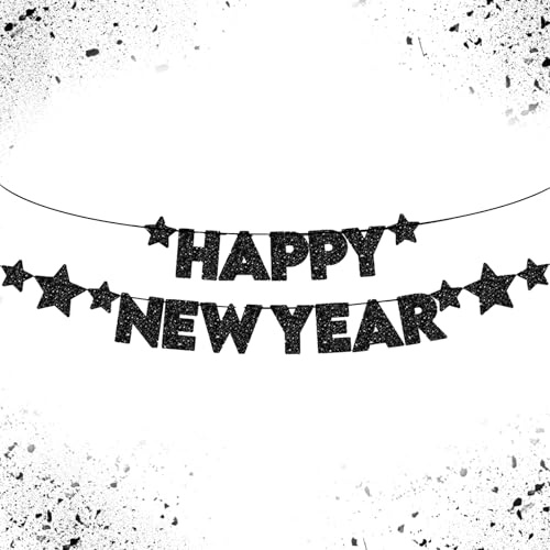 Happy New Year Girlande Schwarz, Glitzer Silvester Deko 2026, Neujahrsdeko Banner für Party, Elegante Neujahr Feier, 2026 Neujahrs Dekoration