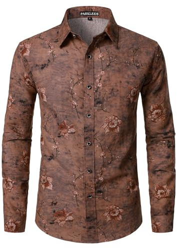 PARKLEES Men's Cotton Linen 70s Disco Retro Traditional Pattern Printed Long Sleeve Button Down Shirt Brown Large