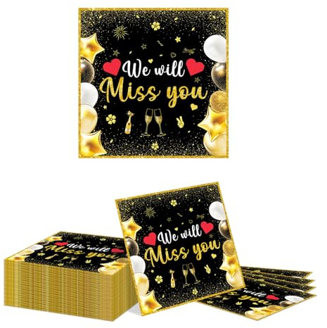 Kotkiddy 40 STK Ruhestand Dekoration Servietten 33x33cm We Will Miss You Papierservietten Schwarz Gold Abschiedsparty Rente Deko Papierservietten