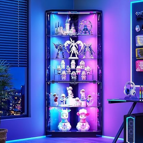 Gurexl 69 Corner RGB Glass Display Cabinets with lock for Curio,Black