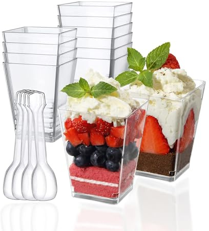 Hikrxya 50 Pack Reusable Mini Dessert Cups with Spoons, 60ml Reusable Clear Square Plastic Dessert Cups, Cheesecake Pots, Multi-use Serving Dessert Bowls for Party Supplies