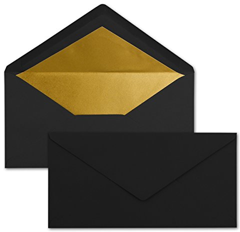 50 Brief-Umschläge DIN Lang - Schwarz mit Gold-Metallic Innen-Futter - 110 x 220 mm - Nassklebung - festliche Kuverts für Weihnachten