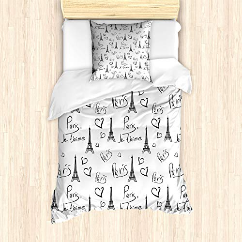 ABAKUHAUS Paris Bettbezug Set für Einzelbetten, Eiffel Je T'Aime Doodle, Milbensicher Allergiker geeignet mit Kissenbezug, Weiß Dunkelgrau