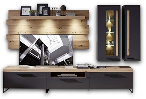 Stella Trading LOFT-TWO Wohnwand Komplett-Set in Artisan-Eiche Optik, graphit - Softclose Schrankwand für Ihr Wohnzimmer - 314 x 201 x 44 cm (B/H/T)