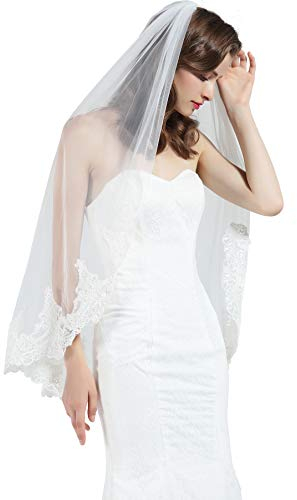 BEAUTELICATE Brautschleier Weicher Tüll Braut Schleier mit Spitze Lang Kurz Elfenbein Weiß für Hochzeit Junggesellenabschied Cosplay Jga (Elfenbein - Halbspitze - Fingerlänge)
