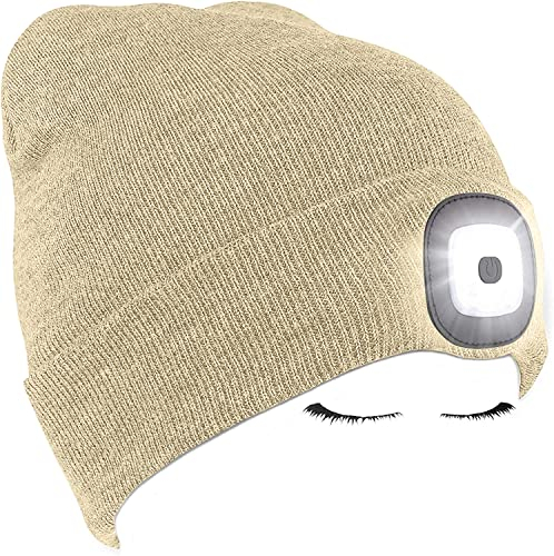 Morye LED Mütze mit Licht, Laufmütze Herren Damen Kappe Lampe USB Nachladbare 4 LED Scheinwerferkappe für Warm Cap mit LED Licht für Jogging,Camping,Angeln,Walking/Beige