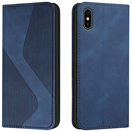 Mo-Somnus Kompatibel mit iPhone XS/iPhone X Hülle, Magnet PU Leder Flip Wallet Case Tasche Handyhülle, Stoßfeste Klappbar iPhone XS/X (5,8 Zoll) Brieftasche Klapphülle mit [Kartenfächer] (Blau)