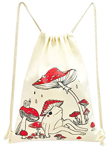 MOSITU Pilz-Rucksack mit Kordelzug, ästhetischer Pilz-Kordelzug, niedlicher Baumwoll-Leinen-Rucksack für Damen, Geschenk, Pilzfrosch, 18x13 inches, Niedlicher Pilz-Rucksack