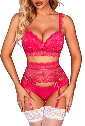 EVELIFE Lingerie Set for Women Bra and Panties Set Sexy Lingerie 3 Piece Bralette and Knicker Lace Lingerie Underwear with High Waisted Suspender Thong(Pink L)