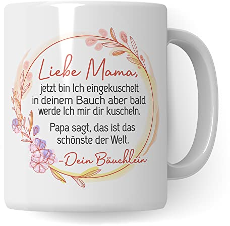 Tasse Mama Schwangerschaft, Liebe Mama, jetzt bin Ich eingekuschelt in deinem Bauch, Geschenk Schwanger, schöner Spruch Geschenkidee werdende Mutter Kaffee-Becher (Weiß/Weiß)
