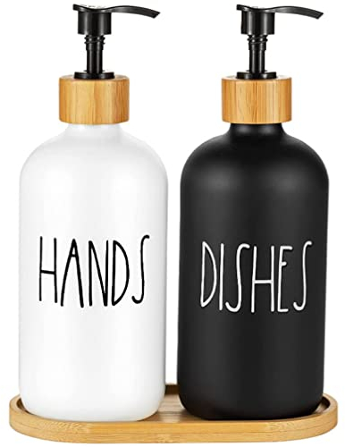 Hniuyun Glass Soap Dispenser Set of 2, Glass Soap Dispenser Bottle with Pump, 16 Oz Refillable Liquid Hand Jar Dispenser for Bathroom, Countertop, Kitchen, Laundry Room (Black & White)